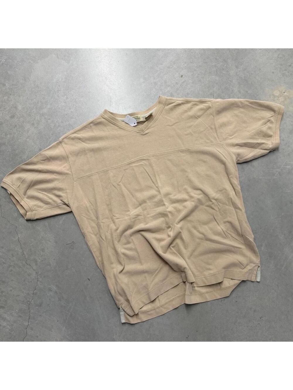 Heavyweight Tan Authentic St. Johns Bay V Neck T Shirt Sized Large